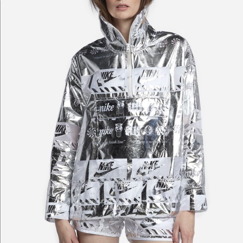 Nike Sportswear Metallic All Over Logo Print Windbreaker Jacket: Silver/White